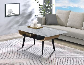 Landon 47" Coffee Table with Glass Gray Marble Texture Top and Bent Wood Design