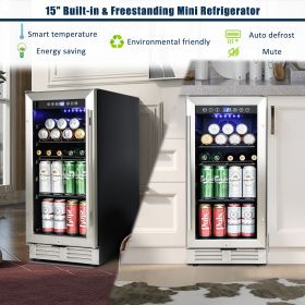 Built-in and Freestanding 15" Mini Beverage Refrigerator/Wine Cabinet, 120 Cans, 37-65¬∞F, Quiet, Adjustable Shelves, LED Lighting, ETL , Touch Contro